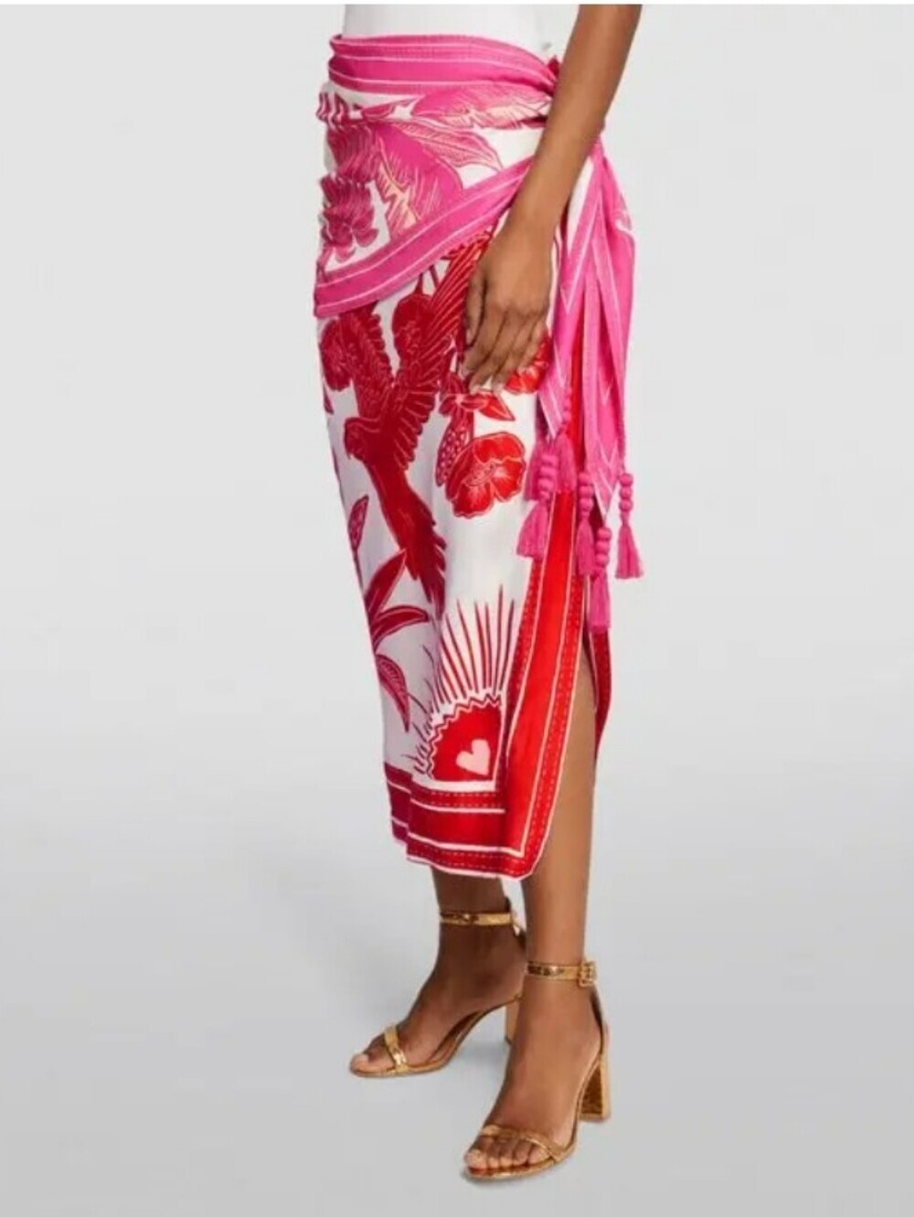 FARM Rio Pink and Red Tropical Dream Wrap Midi Skirt Size L
